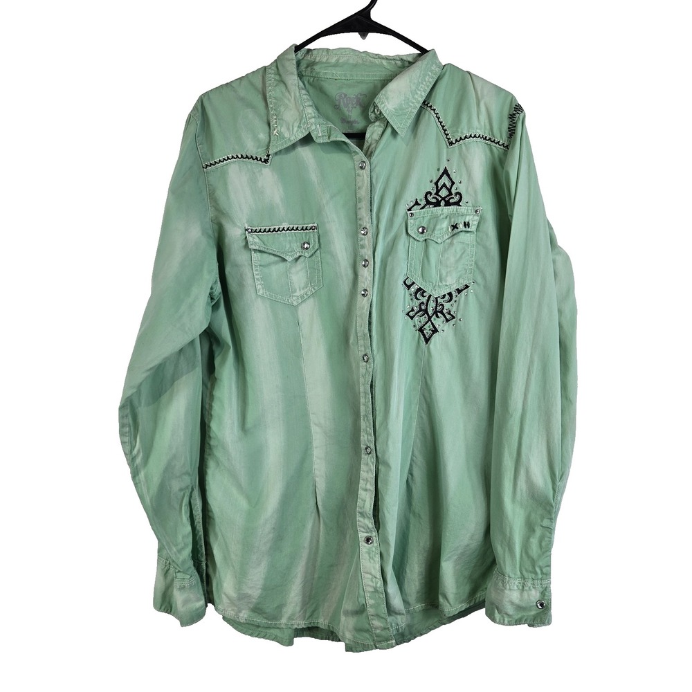 Rock 47 Wrangler Womens XL Mint Green Marbled Long Sleeve Snap Shirt